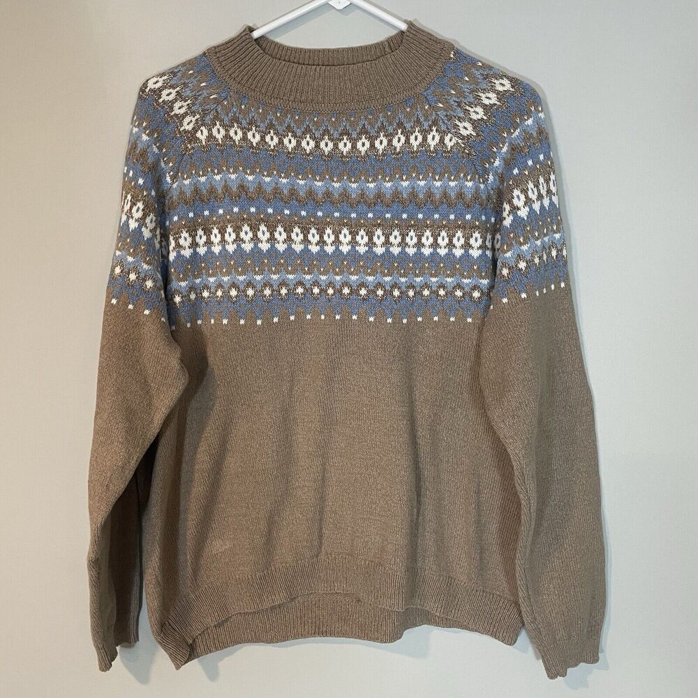 Alfred Dunner Fair Isle Knit Sweater Womens XL Brown Blue Gold Thread Nordic